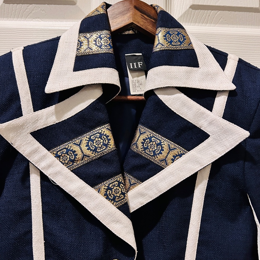 Cropped Military Brocade Jacket Navy Gold Statement Blazer Made in USA - Picture 7 of 12